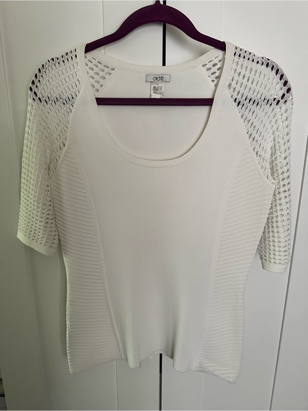 Cache Y2K Women’s White Open Knit Crochet Sleeves Ribbed Sides Size Small RARE